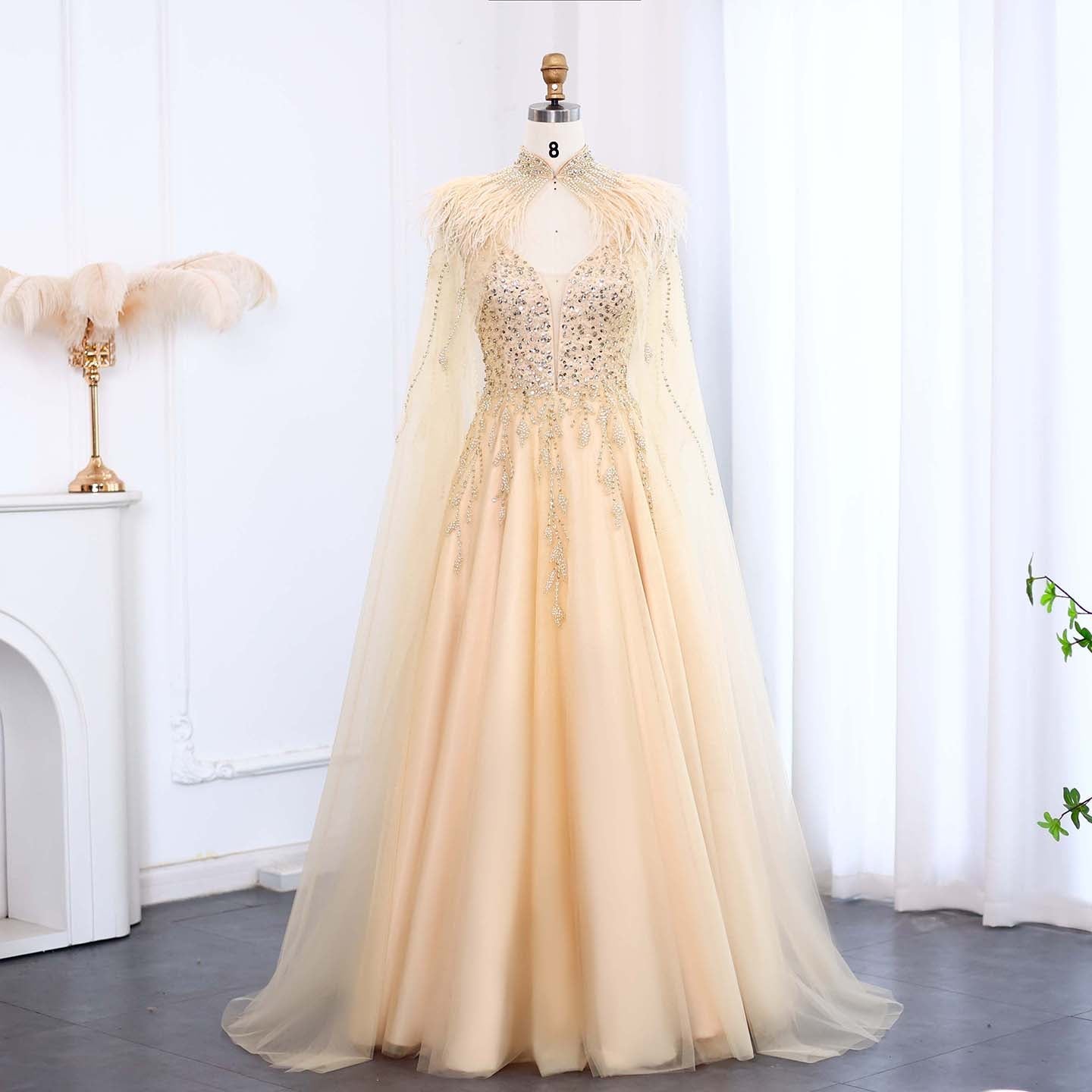 Luxury Gold Feather Evening Dress with Cape SS594  Gold / US 18
