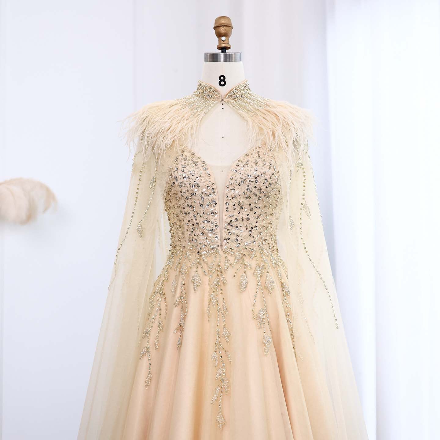 Luxury Gold Feather Evening Dress with Cape SS594