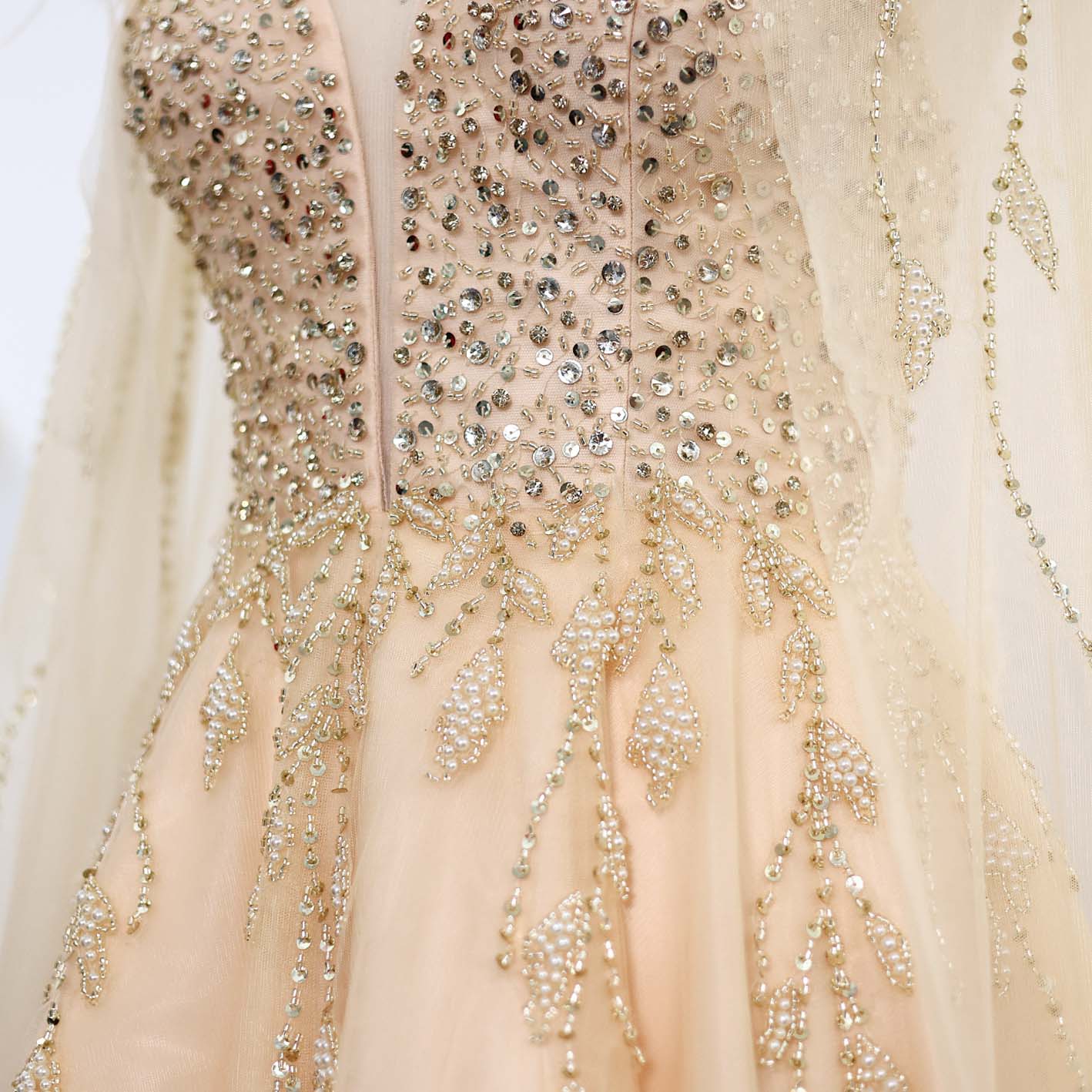 Luxury Gold Feather Evening Dress with Cape SS594