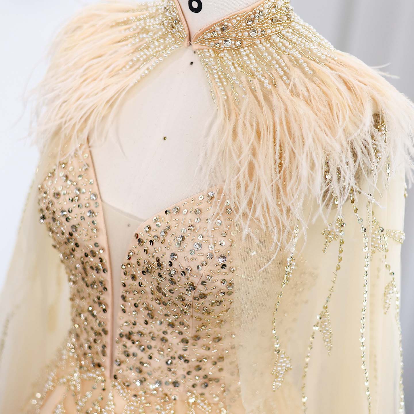 Luxury Gold Feather Evening Dress with Cape SS594