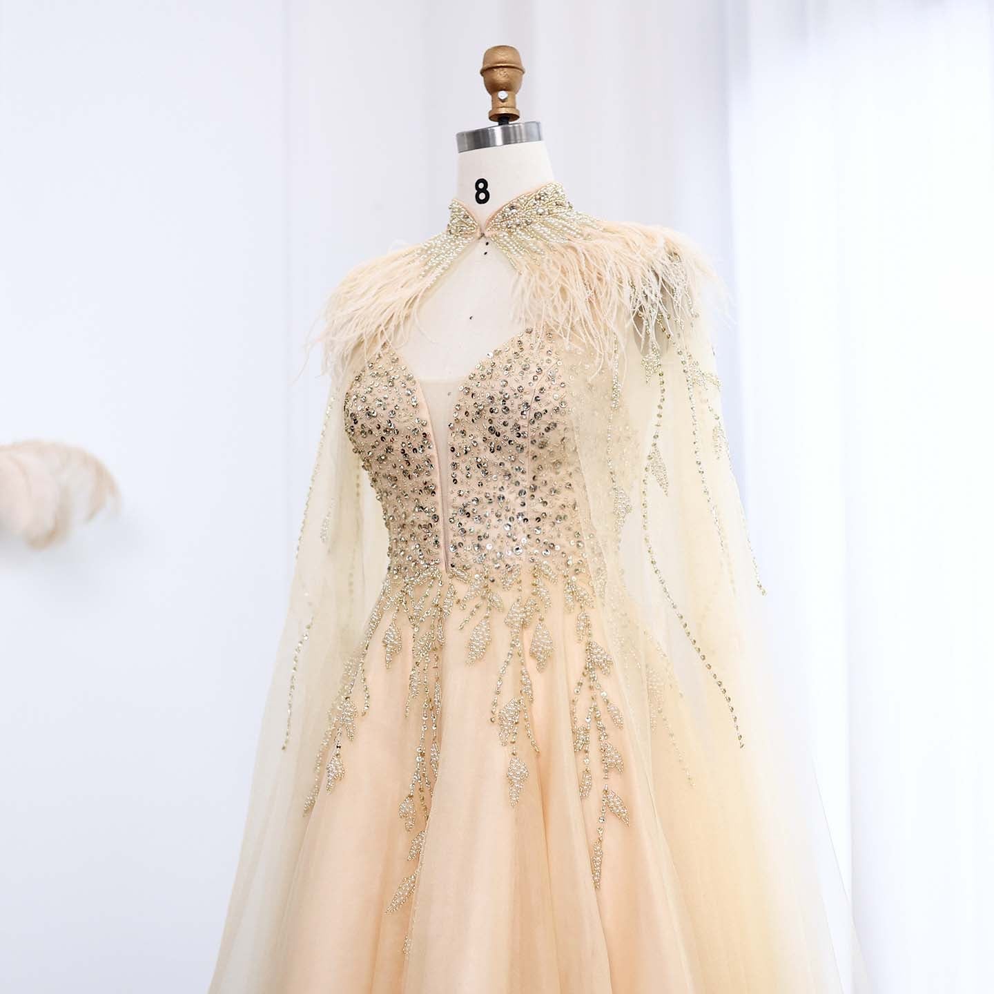 Luxury Gold Feather Evening Dress with Cape SS594