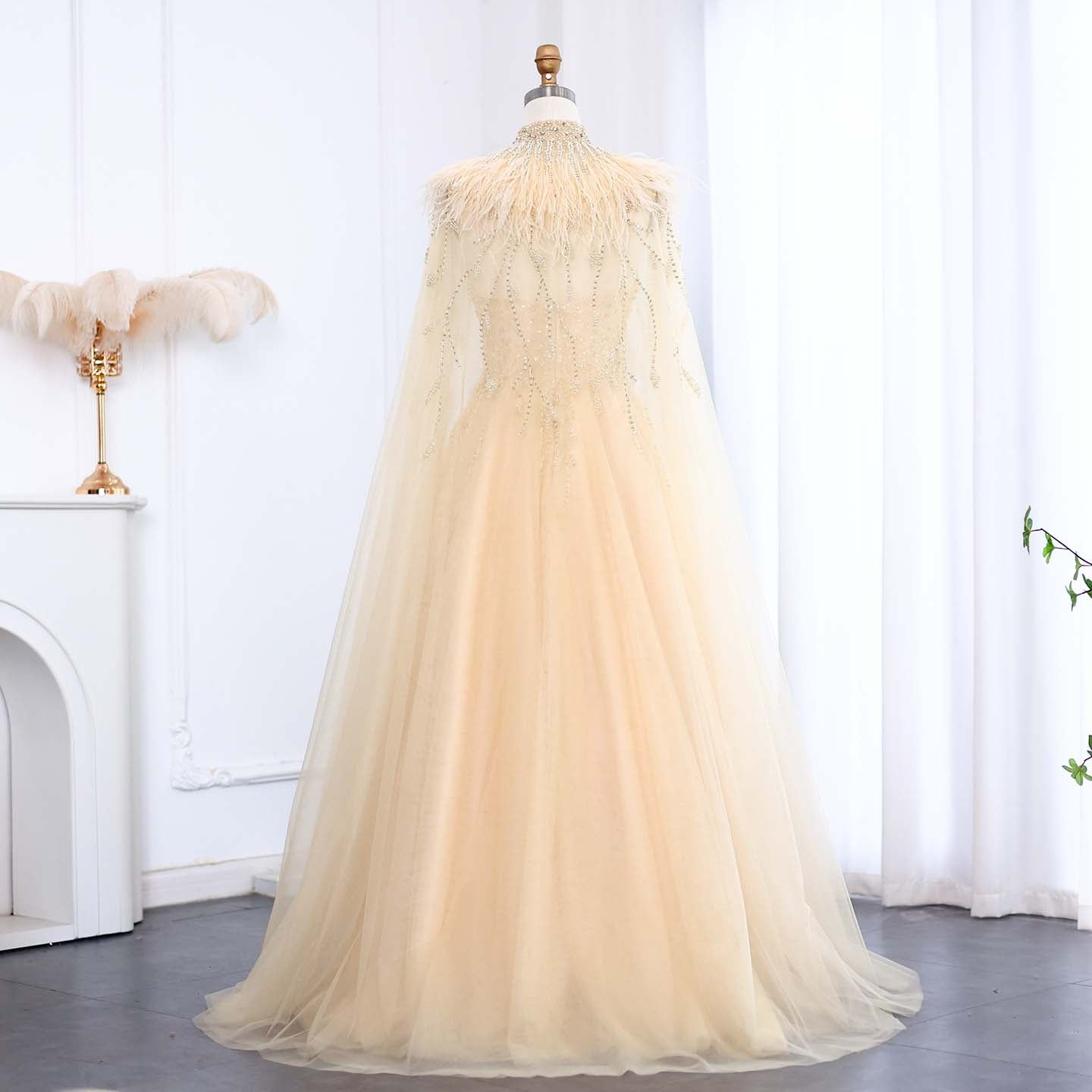 Luxury Gold Feather Evening Dress with Cape SS594