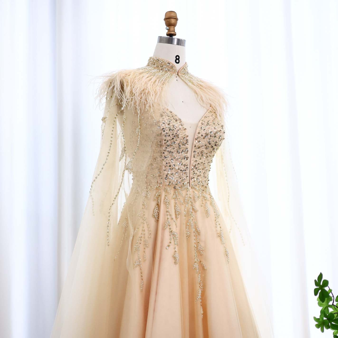 Luxury Gold Feather Evening Dress with Cape SS594