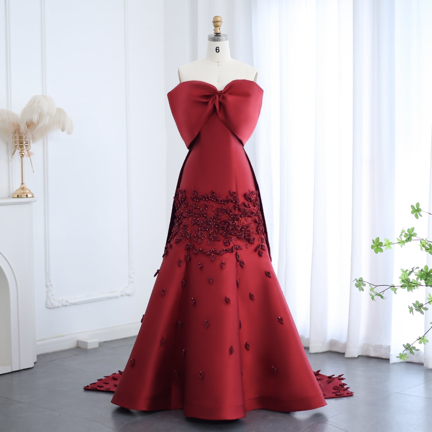 Luxury 3D Flowers Pink Off Shoulder Evening Dress SS464  Burgundy / US 16