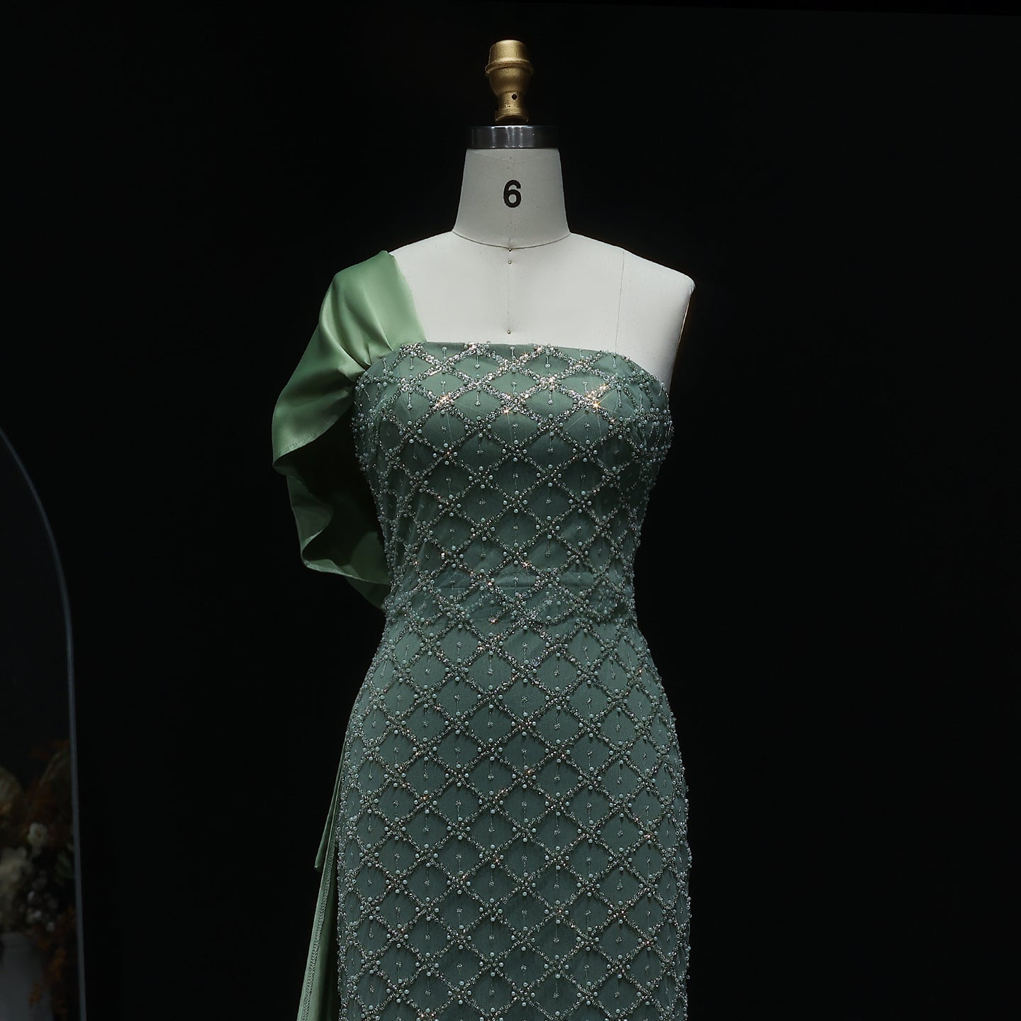 Elegant Green Beaded One Shoulder Evening Dress with Overskirt SS626