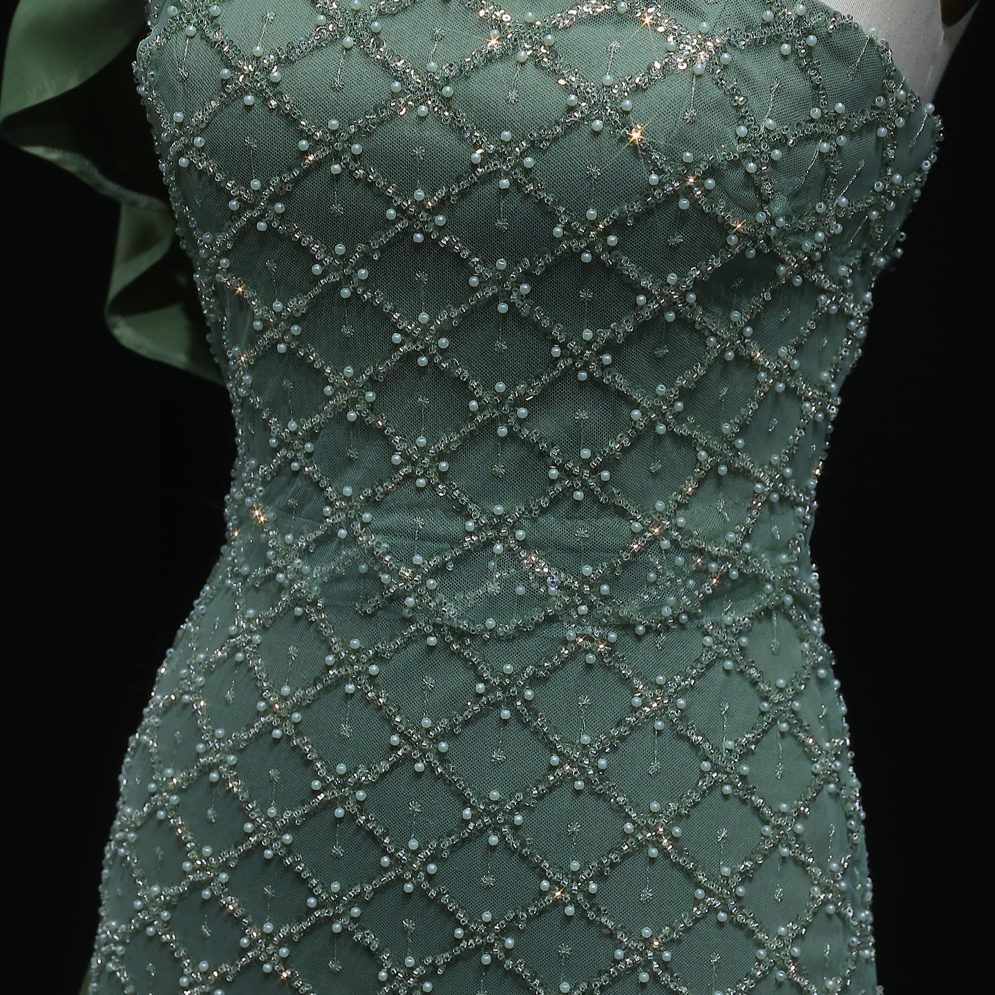 Elegant Green Beaded One Shoulder Evening Dress with Overskirt SS626