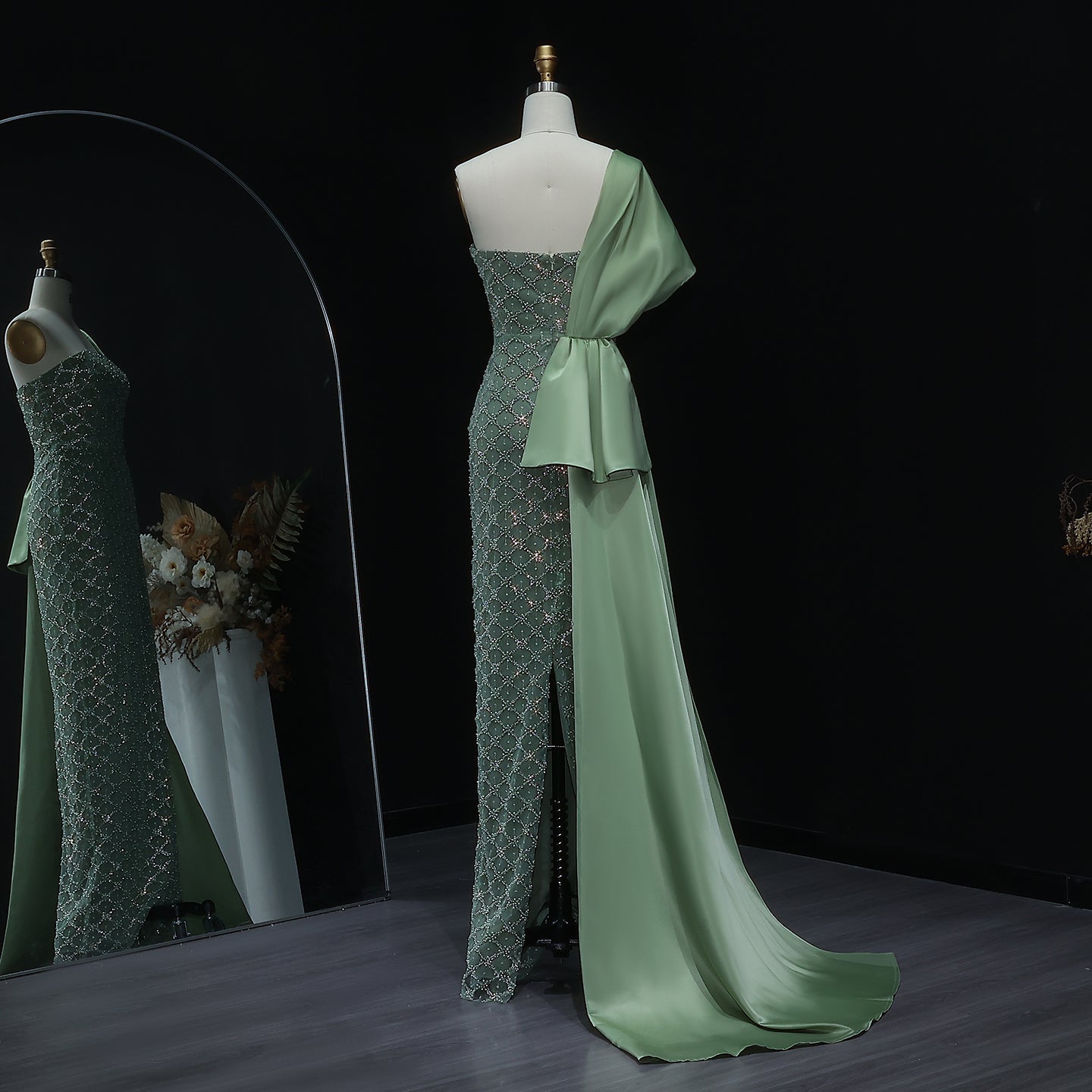 Sage Green One Shoulder Sheath Arabic Evening Dress SF047