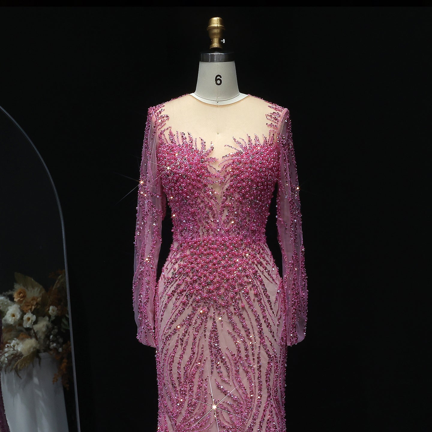 Luxury White Nude Long Sleeves Mermaid Evening Dress SS684