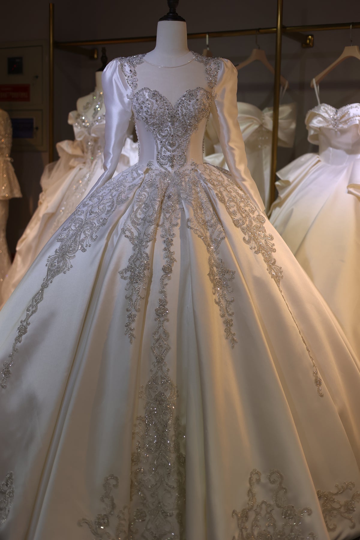 Luxury Off-White Long Sleeve Ball Gown Wedding Dress RS032  White / Custom Made