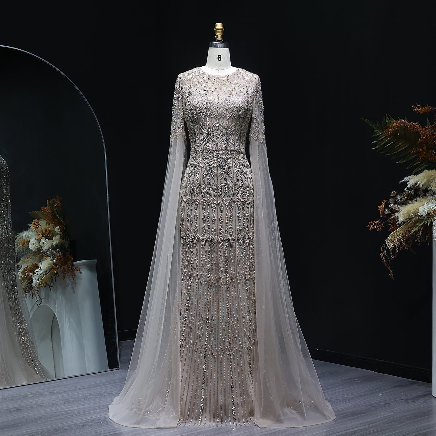 Luxury Caramel Evening Dress with Cape Sleeves SS044  Champagne / US 18