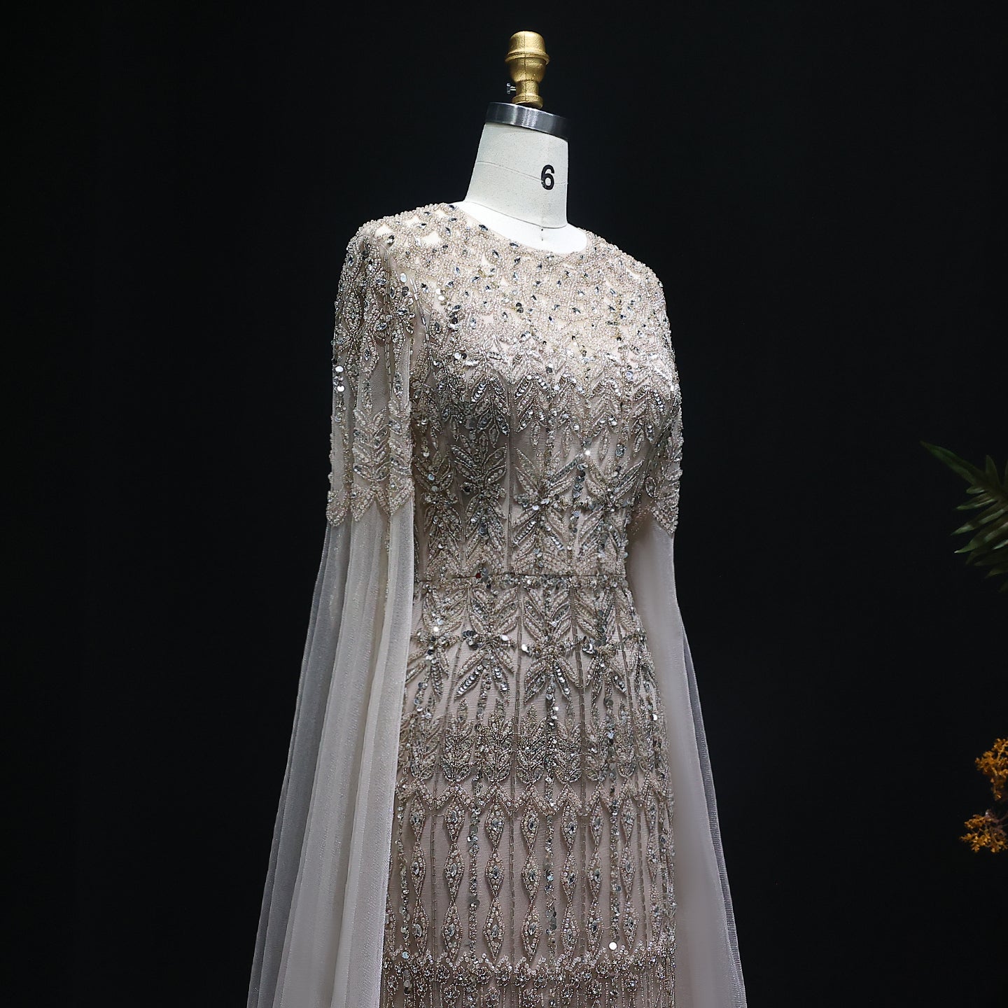 Luxury Caramel Evening Dress with Cape Sleeves SS044