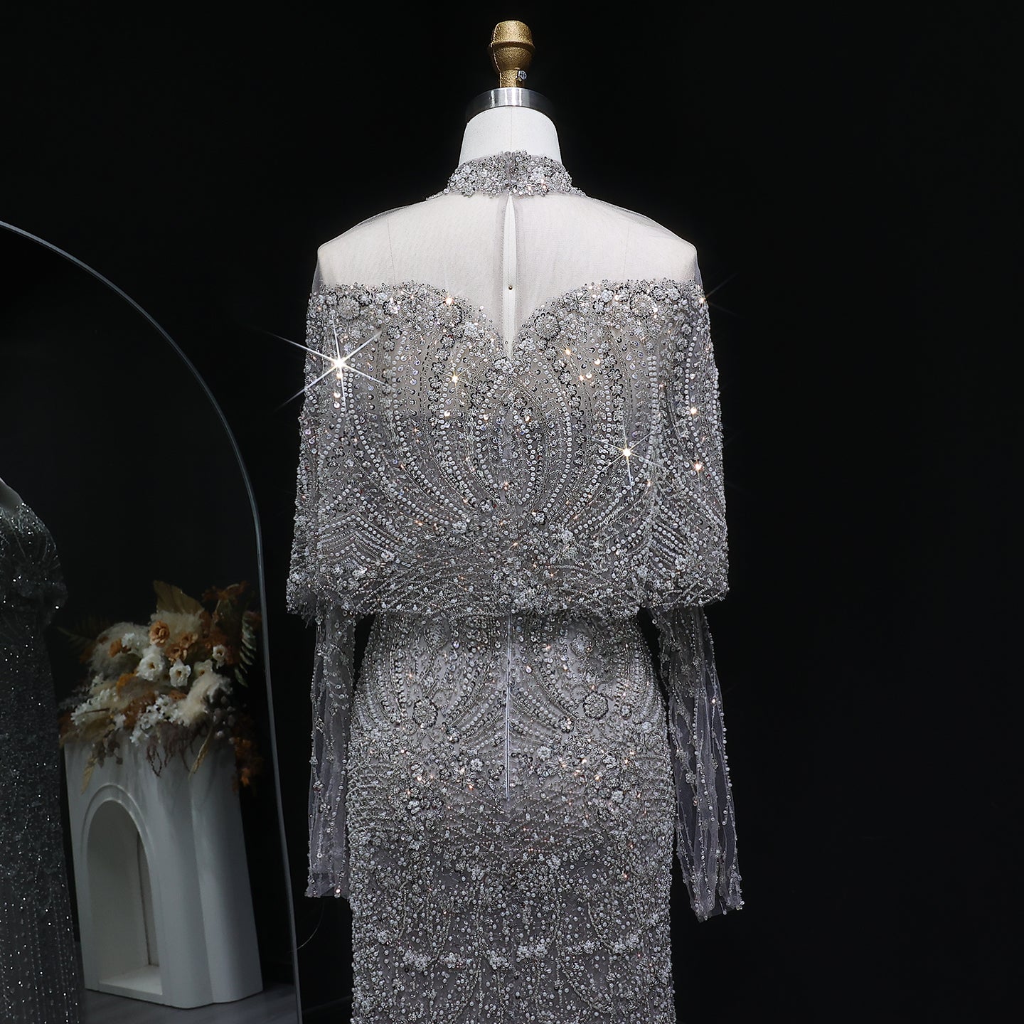 Luxury Gray Beaded Crystal Evening Dress with Cape SS557