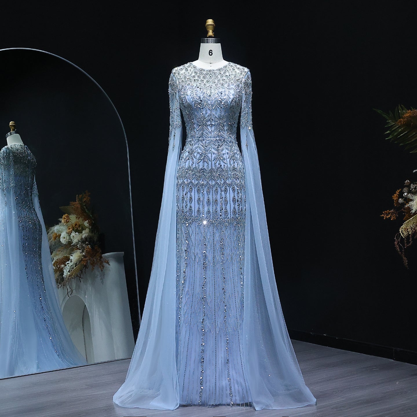 Luxury Caramel Evening Dress with Cape Sleeves SS044  Blue / US 18