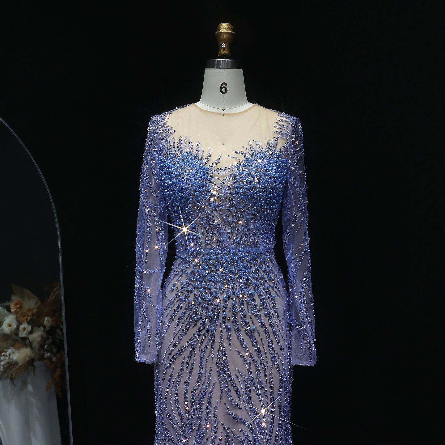 Luxury White Nude Long Sleeves Mermaid Evening Dress SS684