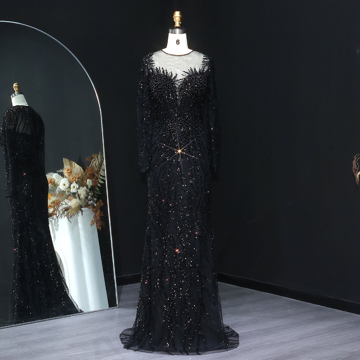 Luxury White Nude Long Sleeves Mermaid Evening Dress SS684  Black / US 16