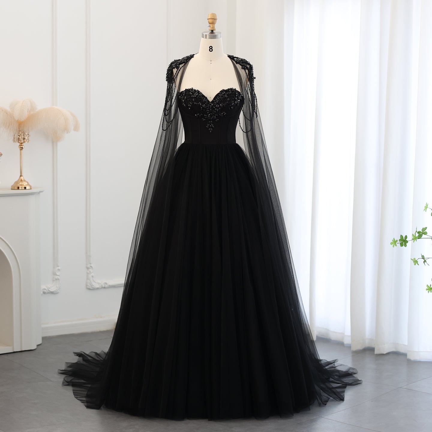 Gothic Black Tulle Evening Dress with Cape Sleeves SS394  Black / US 18