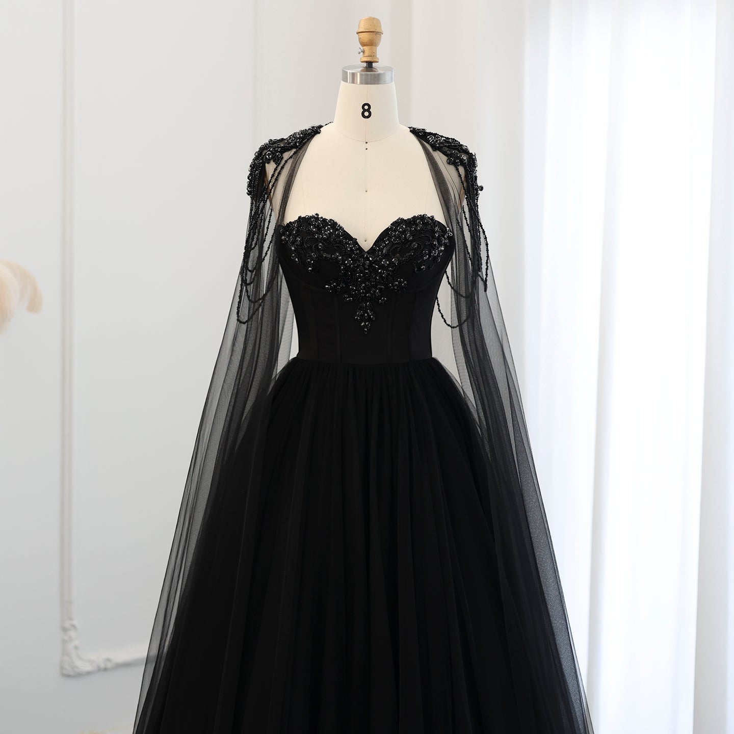 Gothic Black Tulle Evening Dress with Cape Sleeves SS394