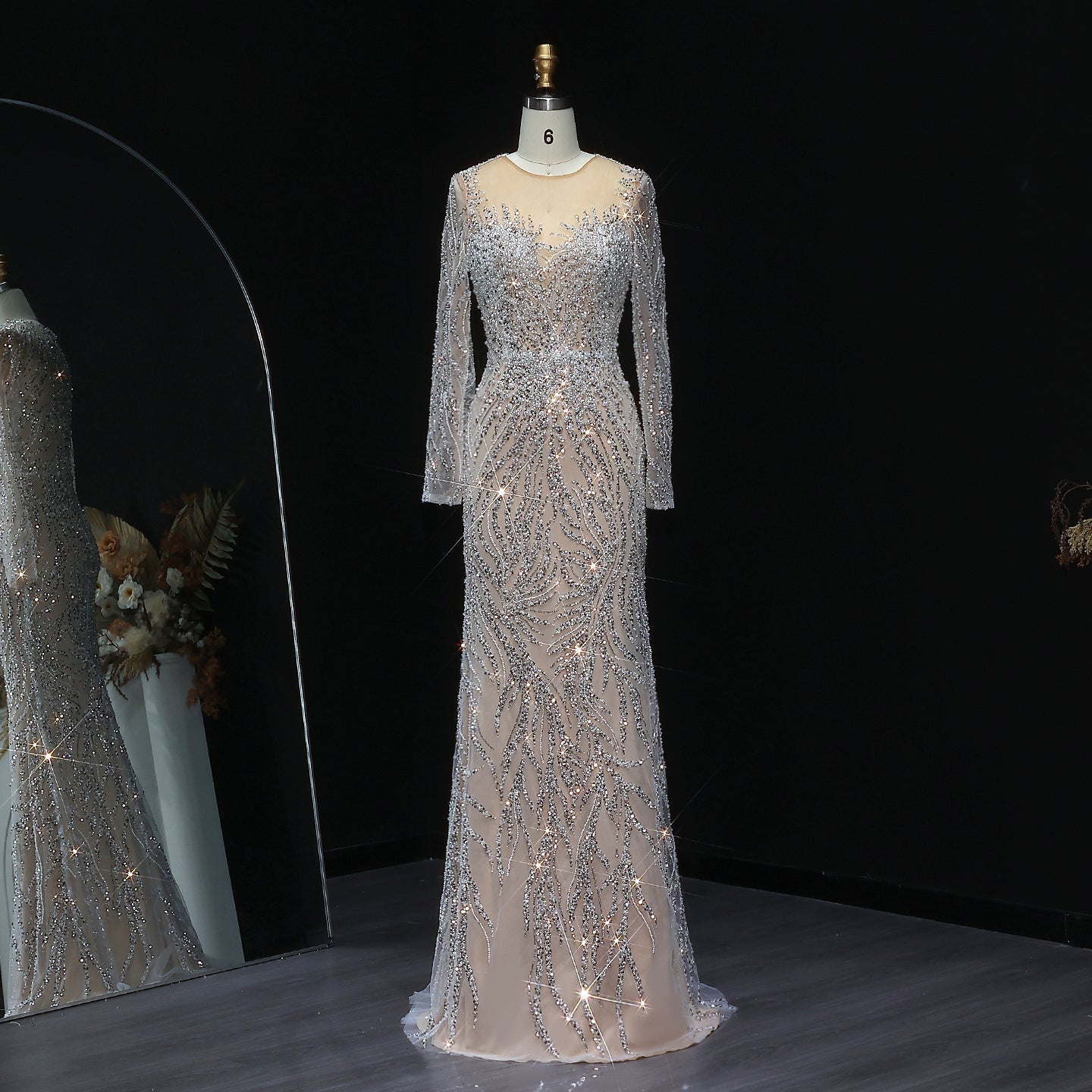 Luxury White Nude Long Sleeves Mermaid Evening Dress SS684  White Nude / US 16