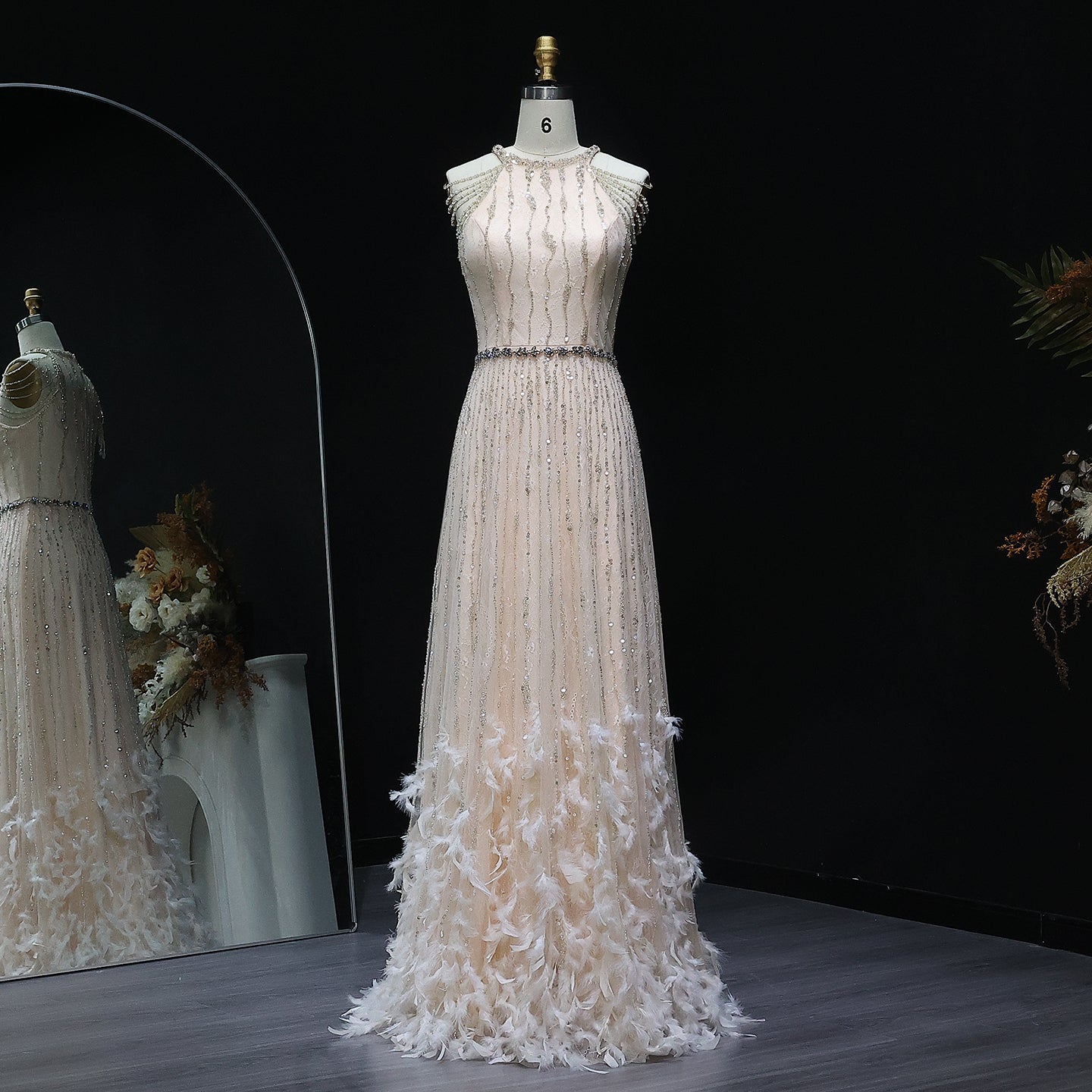 Luxury Feathers Lace Cream Evening Dress SS595  Cream / US18