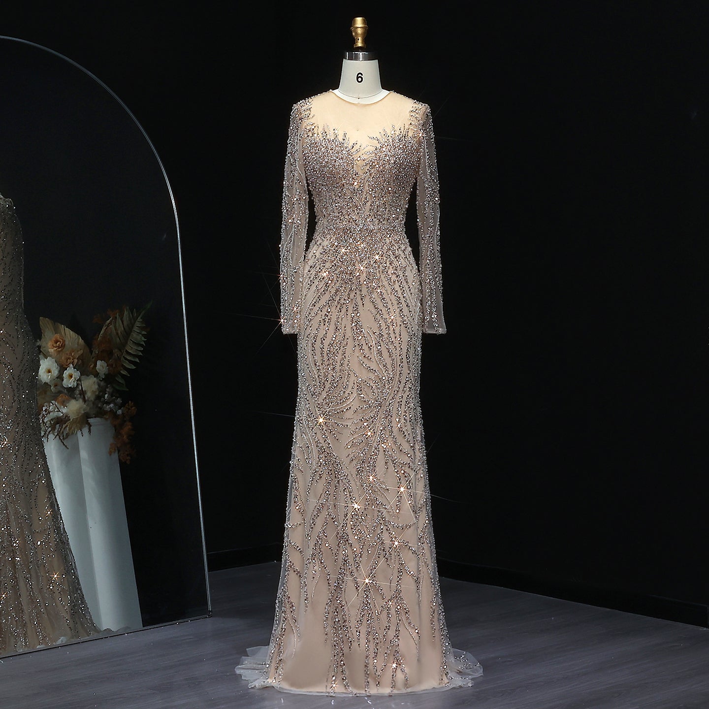 Luxury White Nude Long Sleeves Mermaid Evening Dress SS684  Champagne / US 16