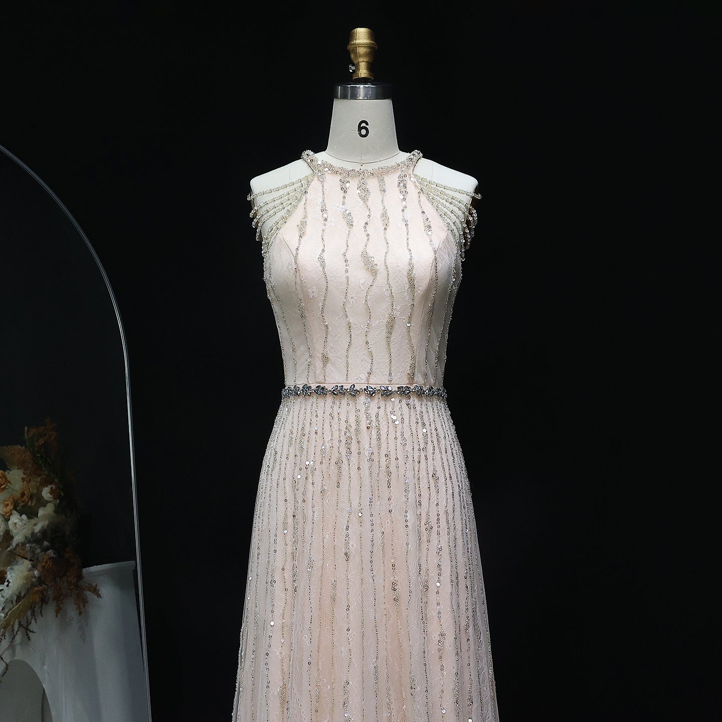 Luxury Feathers Lace Cream Evening Dress SS595