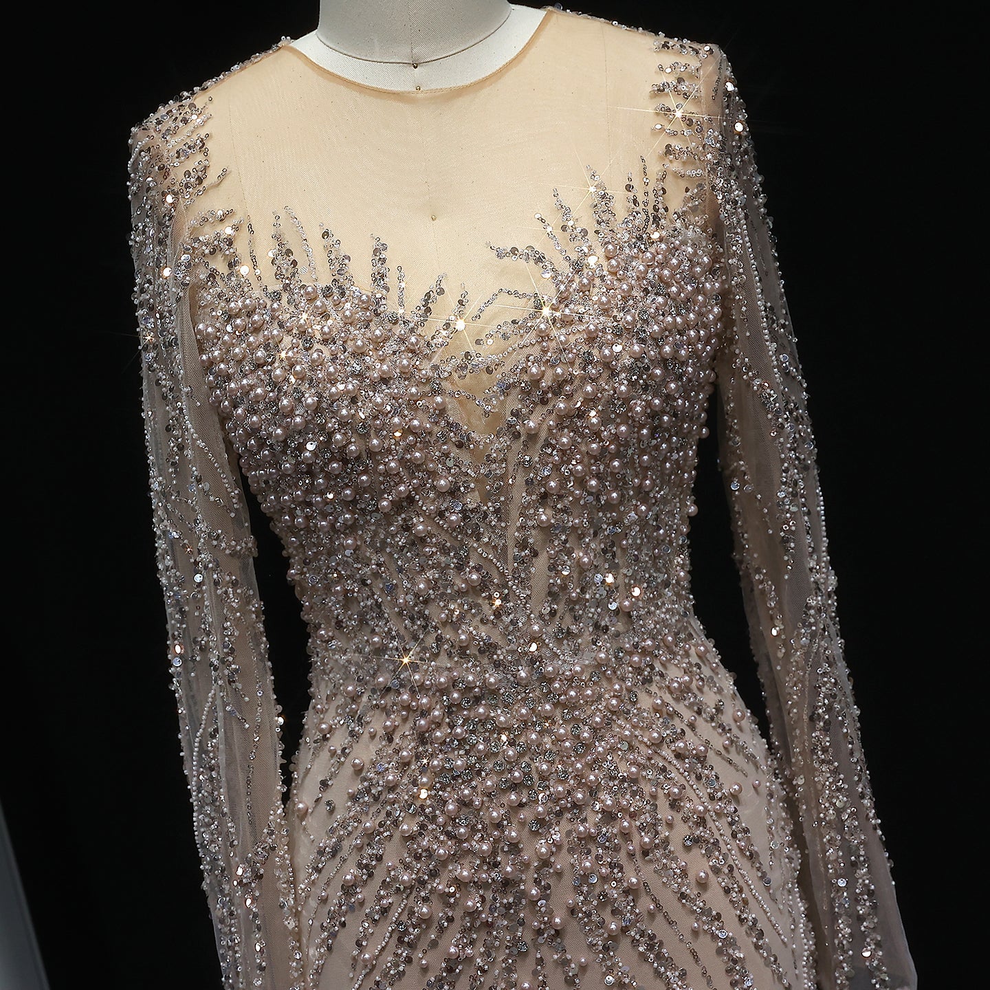 Luxury White Nude Long Sleeves Mermaid Evening Dress SS684