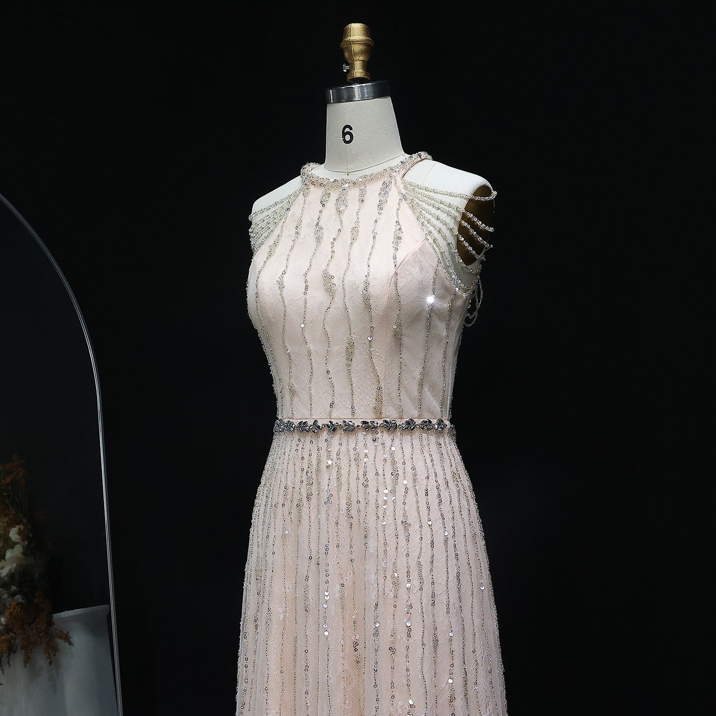 Luxury Feathers Lace Cream Evening Dress SS595