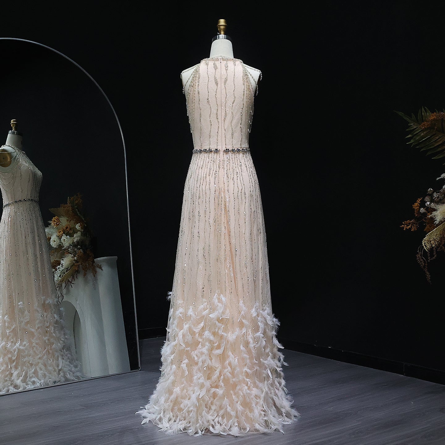 Luxury Feathers Lace Cream Evening Dress SS595