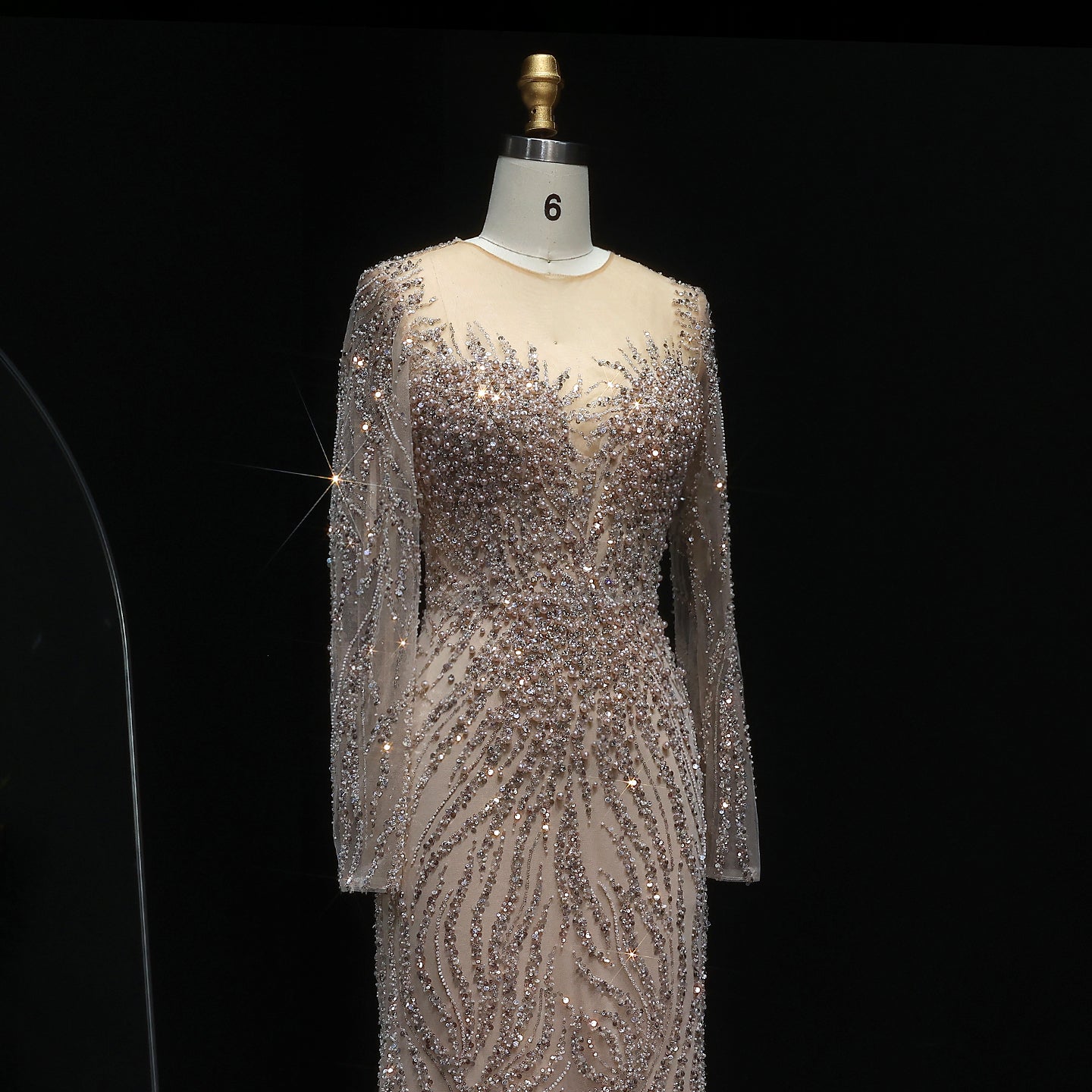 Luxury White Nude Long Sleeves Mermaid Evening Dress SS684