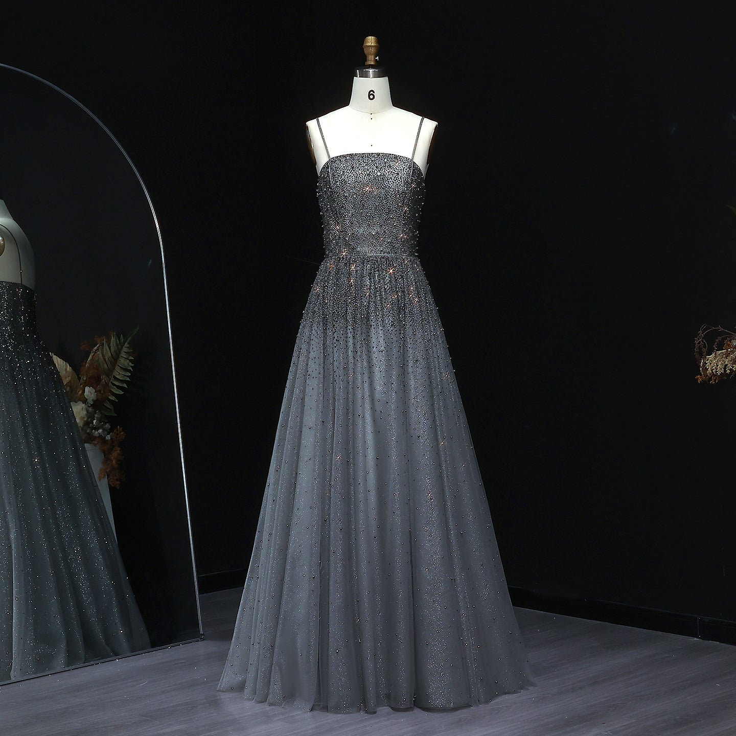 Dazzling Gray Crystal Spaghetti Evening Dress SS375 