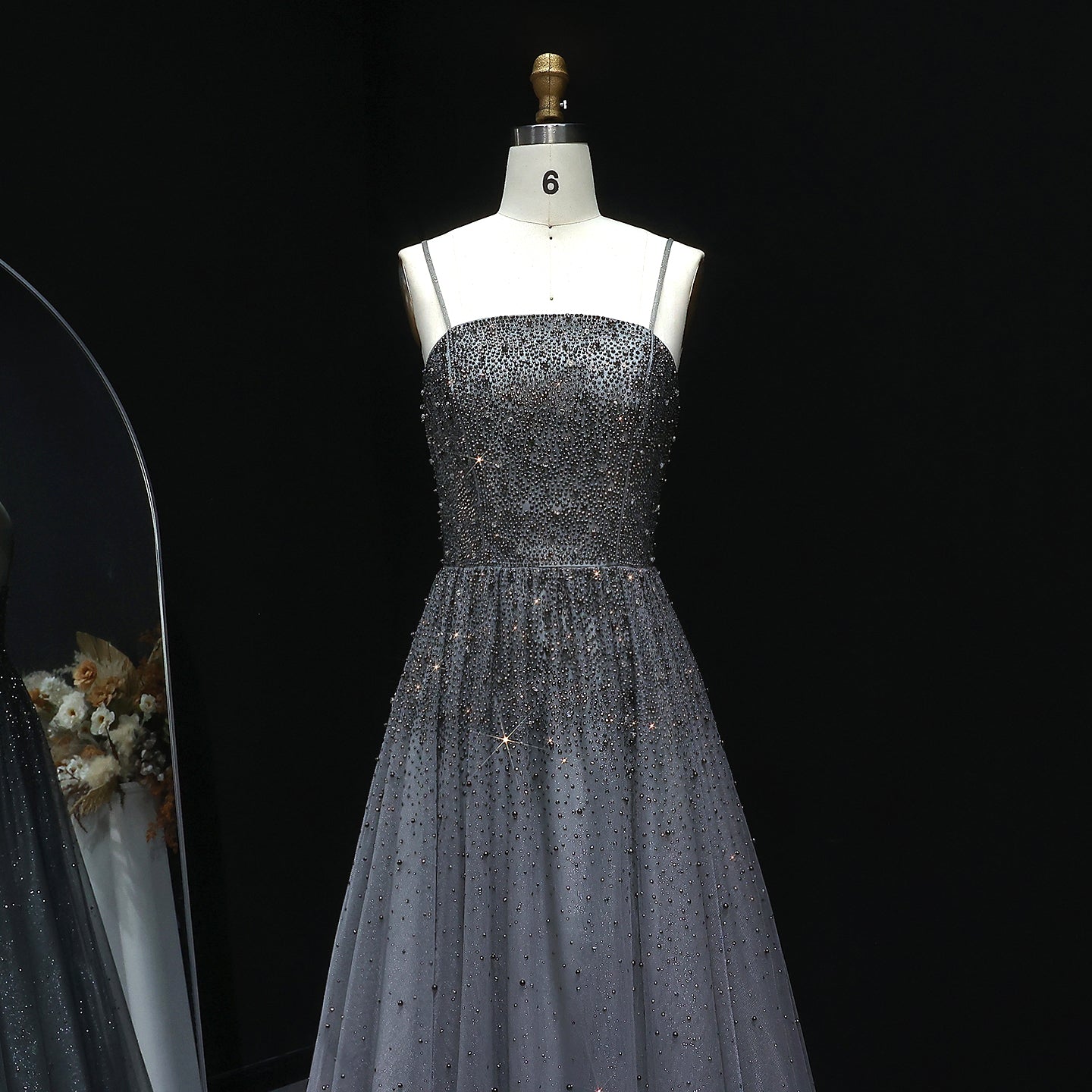 Dazzling Gray Crystal Spaghetti Evening Dress SS375 