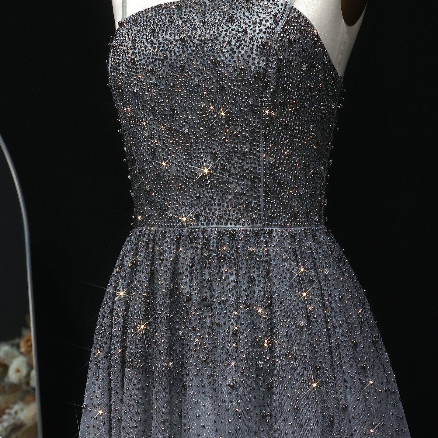 Dazzling Gray Crystal Spaghetti Evening Dress SS375 