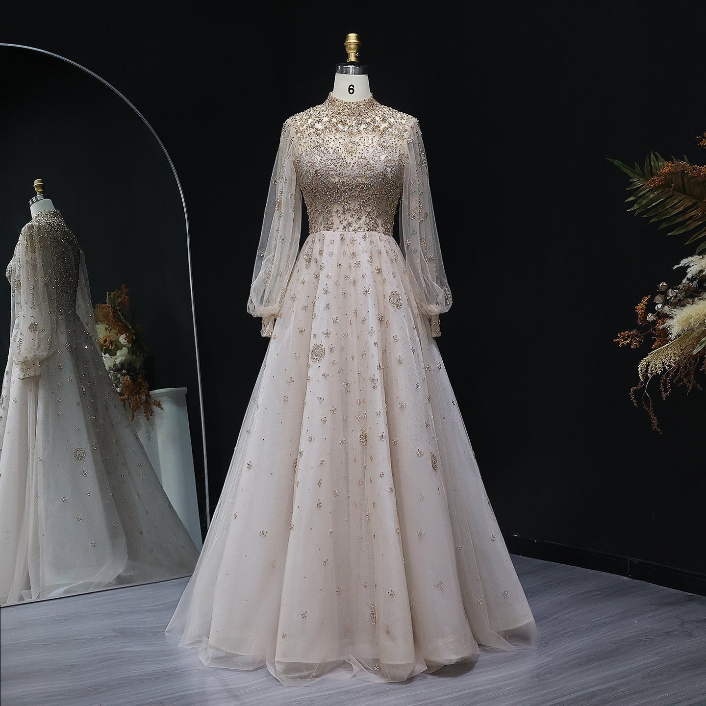 Elegant Champagne Evening Dress with Long Sleeves SS223  Champagne / US 16