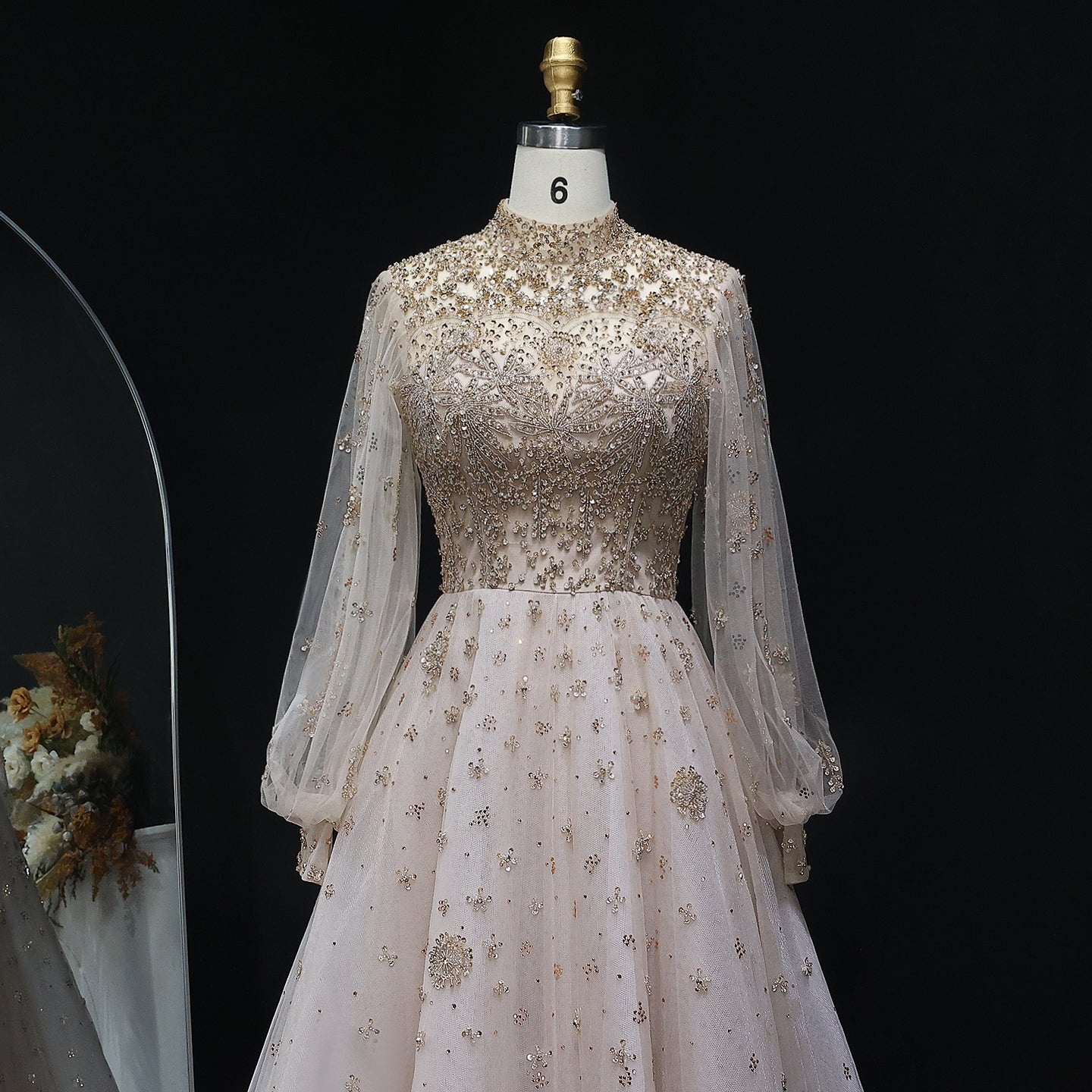 Elegant Champagne Evening Dress with Long Sleeves SS223