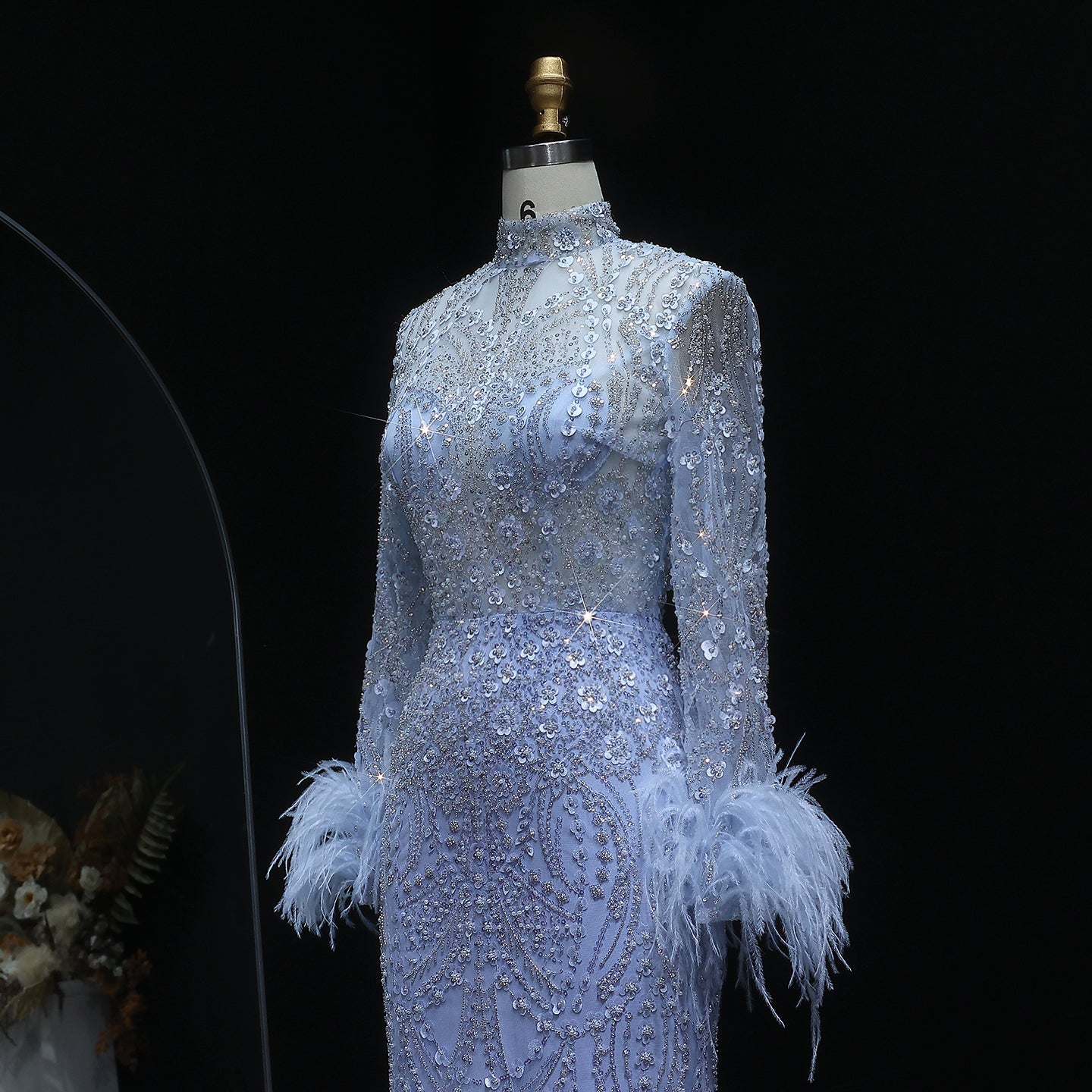 Luxury Feather Gold Long Sleeves High Neck Evening Dress SS659