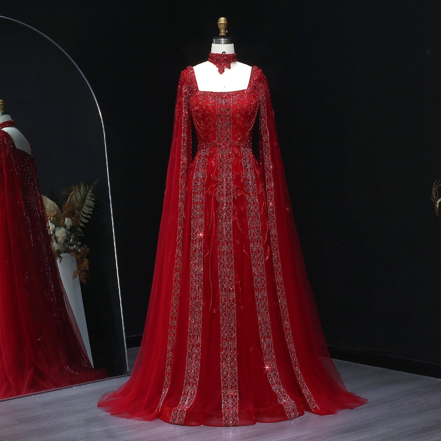 Luxury Nude Evening Dress with Cape Sleeves Chocker SS543  Burgundy / US 20