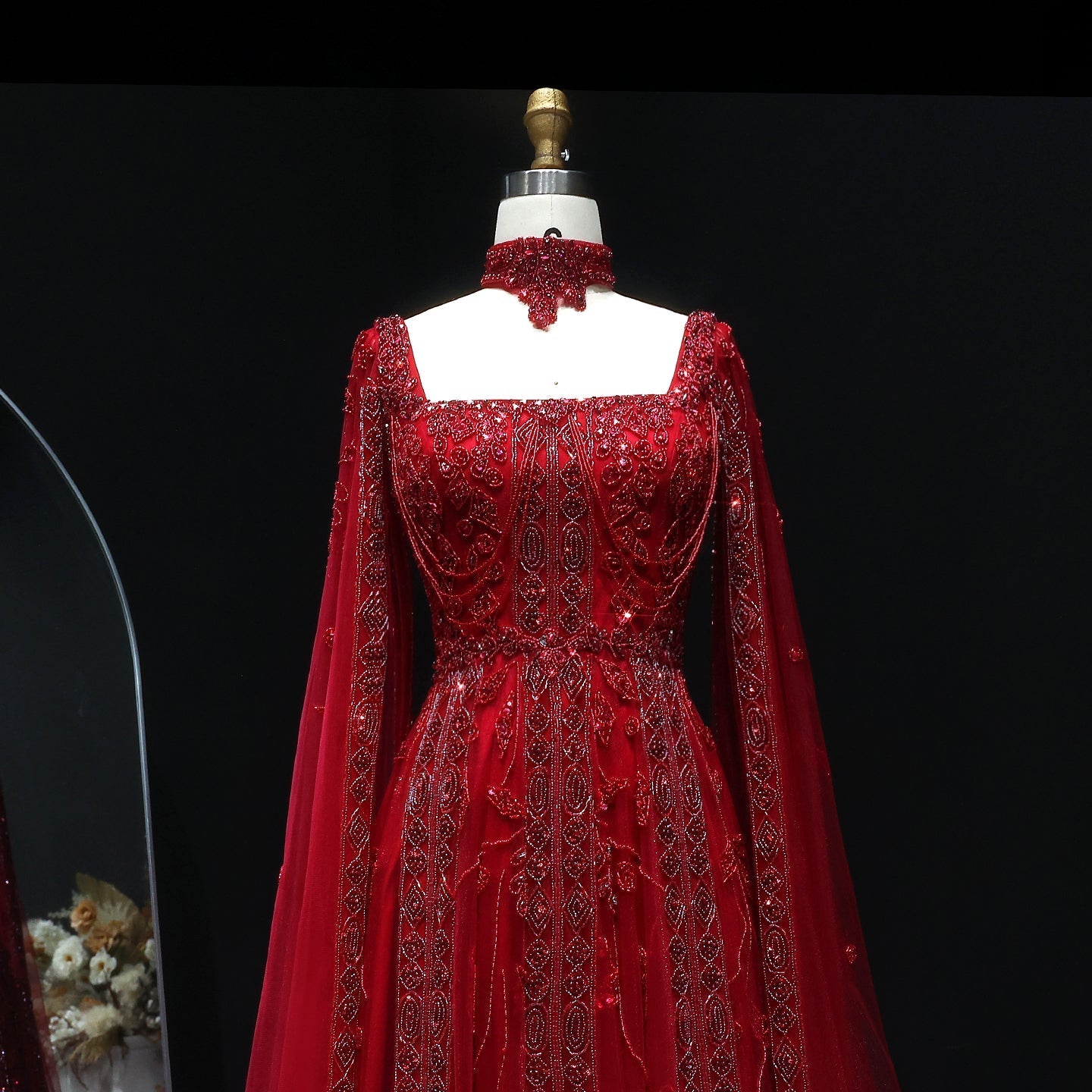 Luxury Nude Evening Dress with Cape Sleeves Chocker SS543