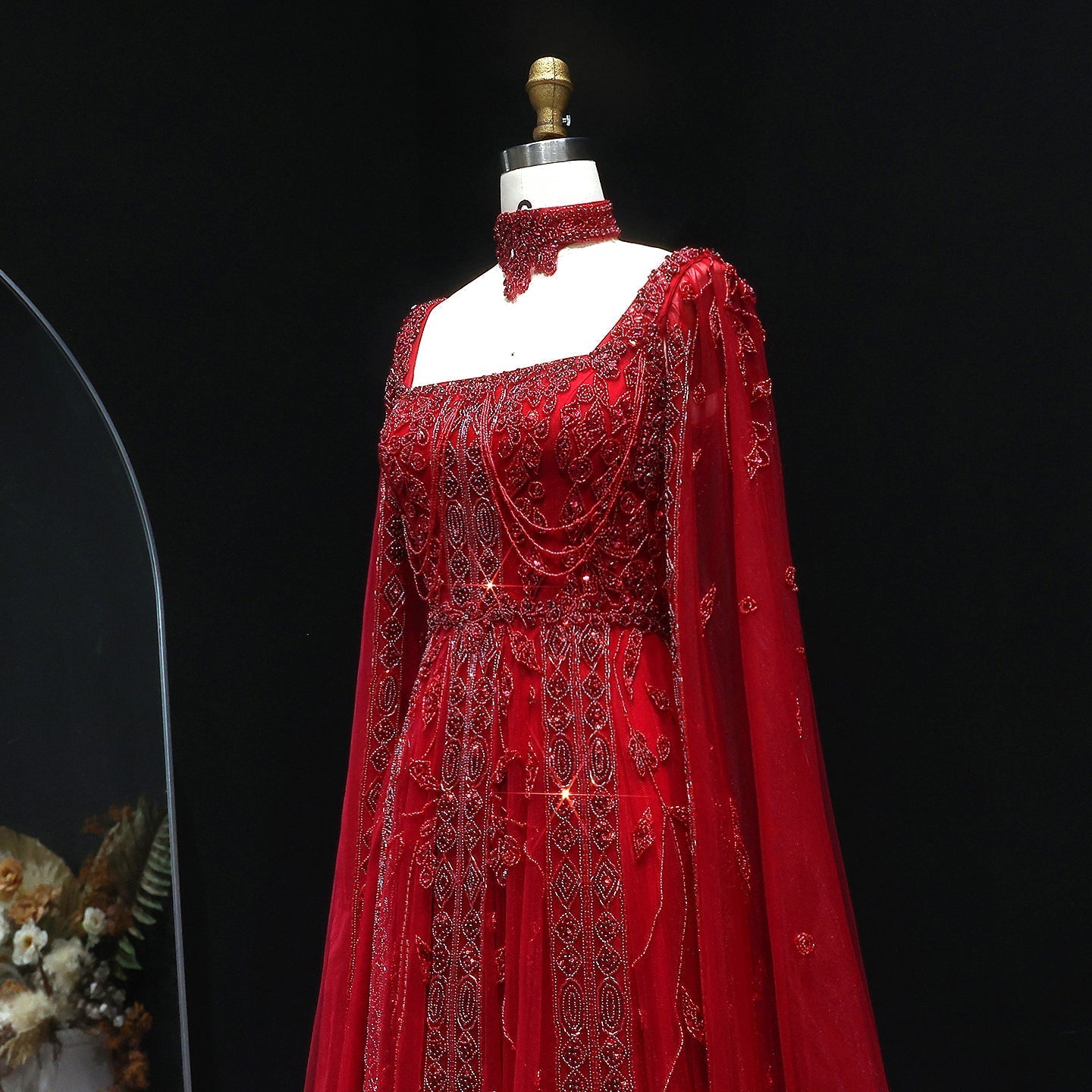 Luxury Nude Evening Dress with Cape Sleeves Chocker SS543