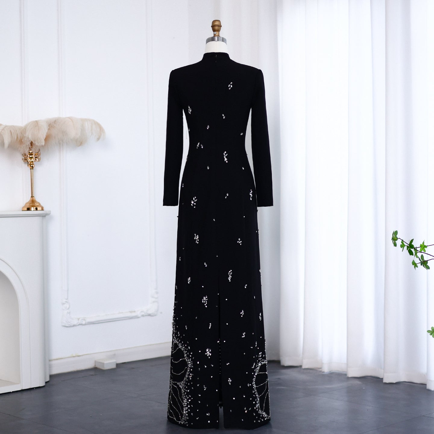 Luxury Crystal White Muslim Long Sleeves Evening Dress SS258