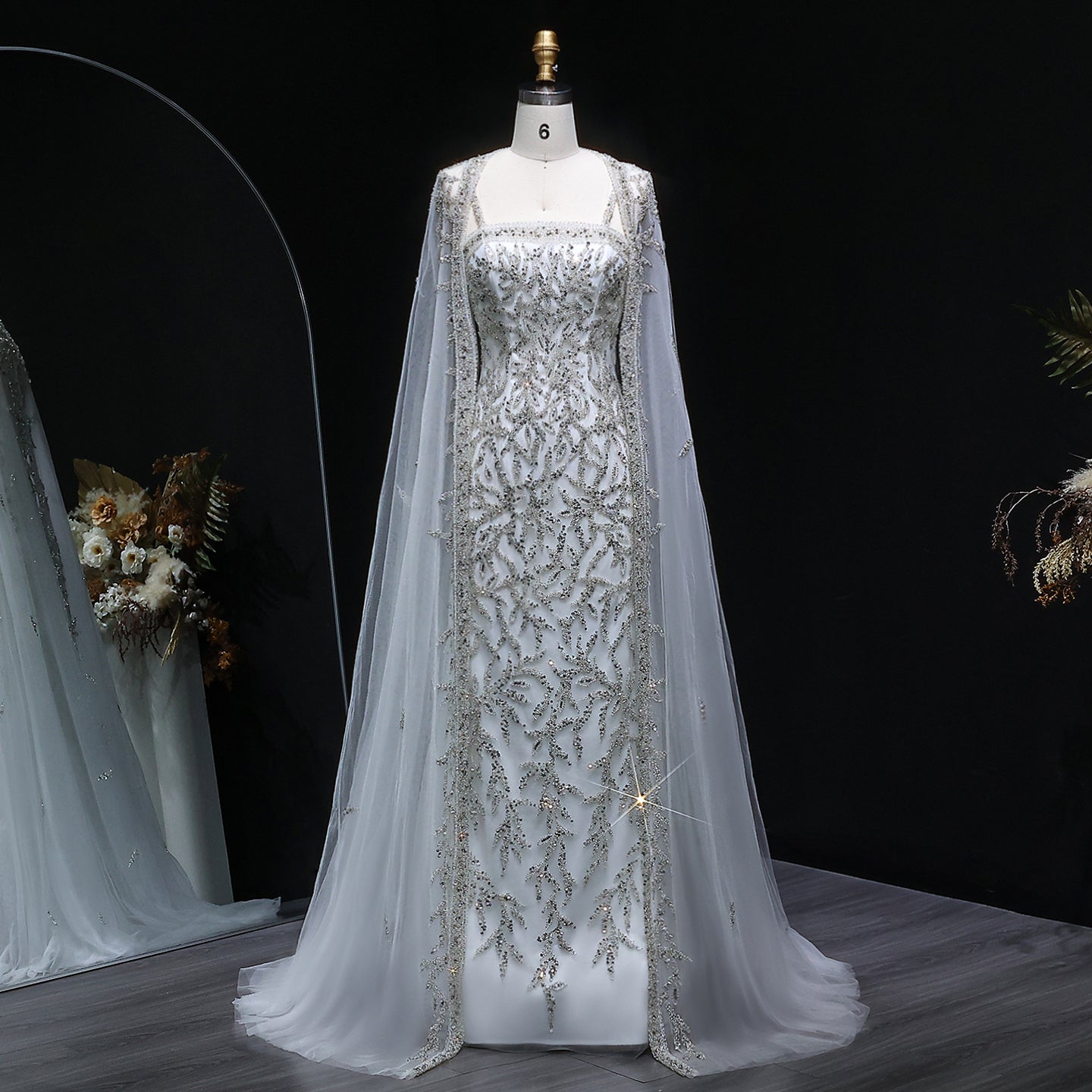 Elegant Pink Beaded Evening Gown with Sheer Cape SS393 