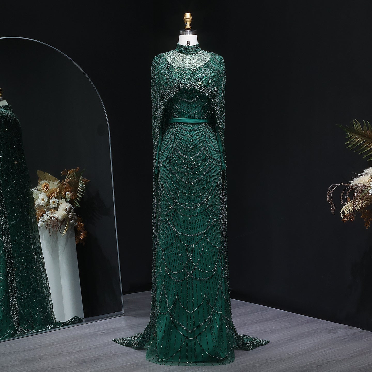 Luxury Long Sleeves Nude Evening Dress with Cape SS369A  Emerald Green / US 20