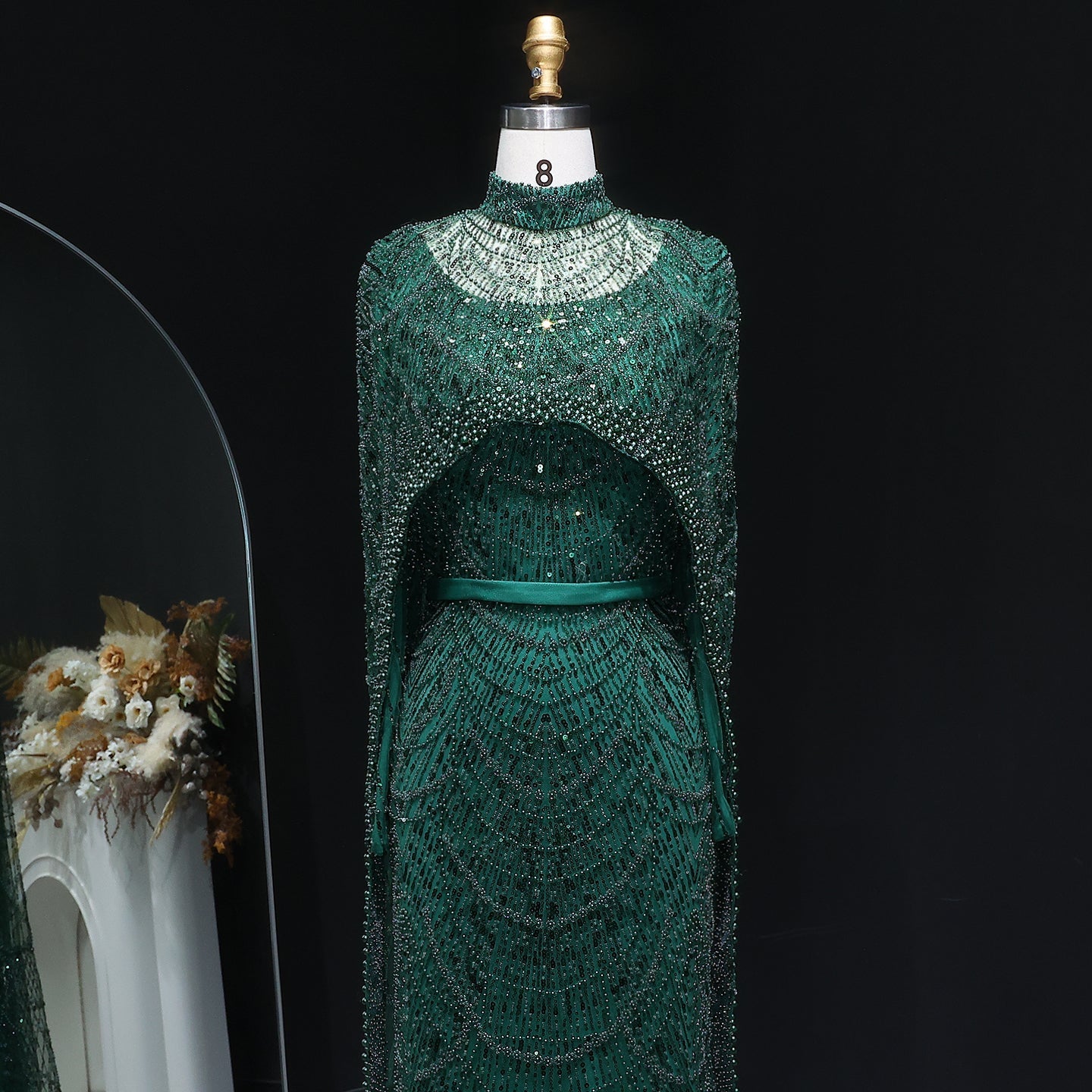 Luxury Long Sleeves Nude Evening Dress with Cape SS369A