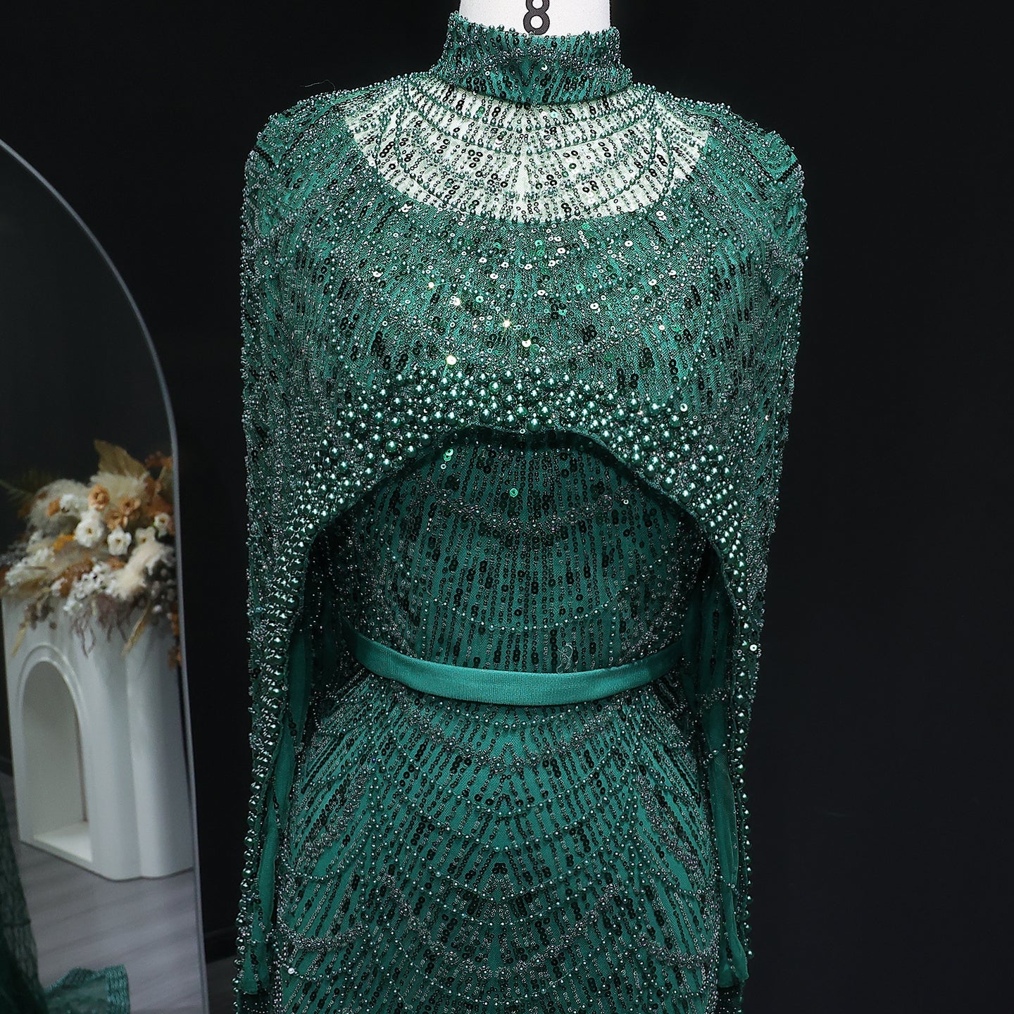 Luxury Long Sleeves Nude Evening Dress with Cape SS369A