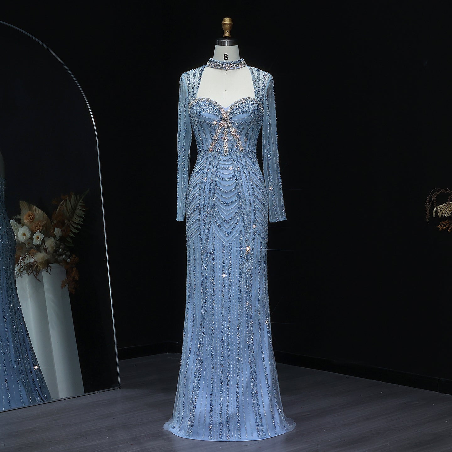 Luxury Beaded Blue Long Sleeve Evening Dress SS065  Blue / US 18