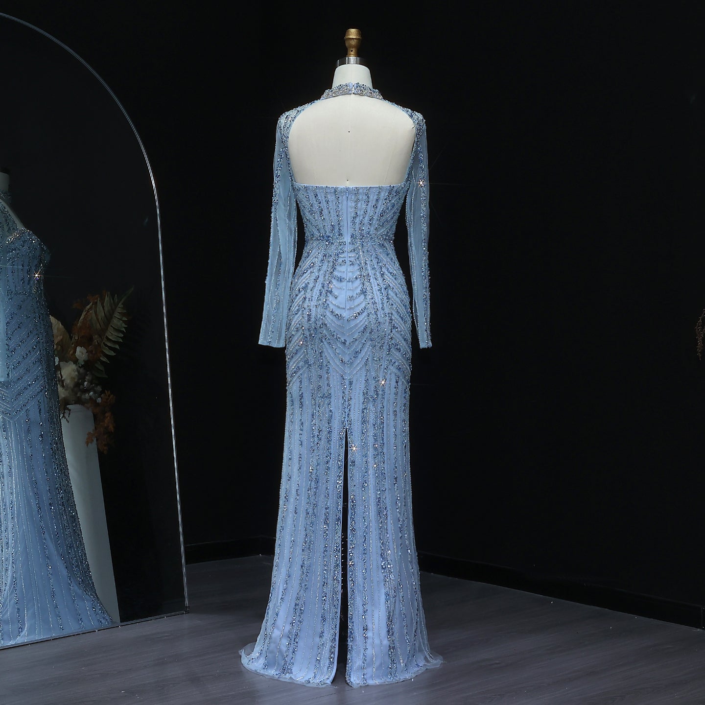 Luxury Beaded Blue Long Sleeve Evening Dress SS065