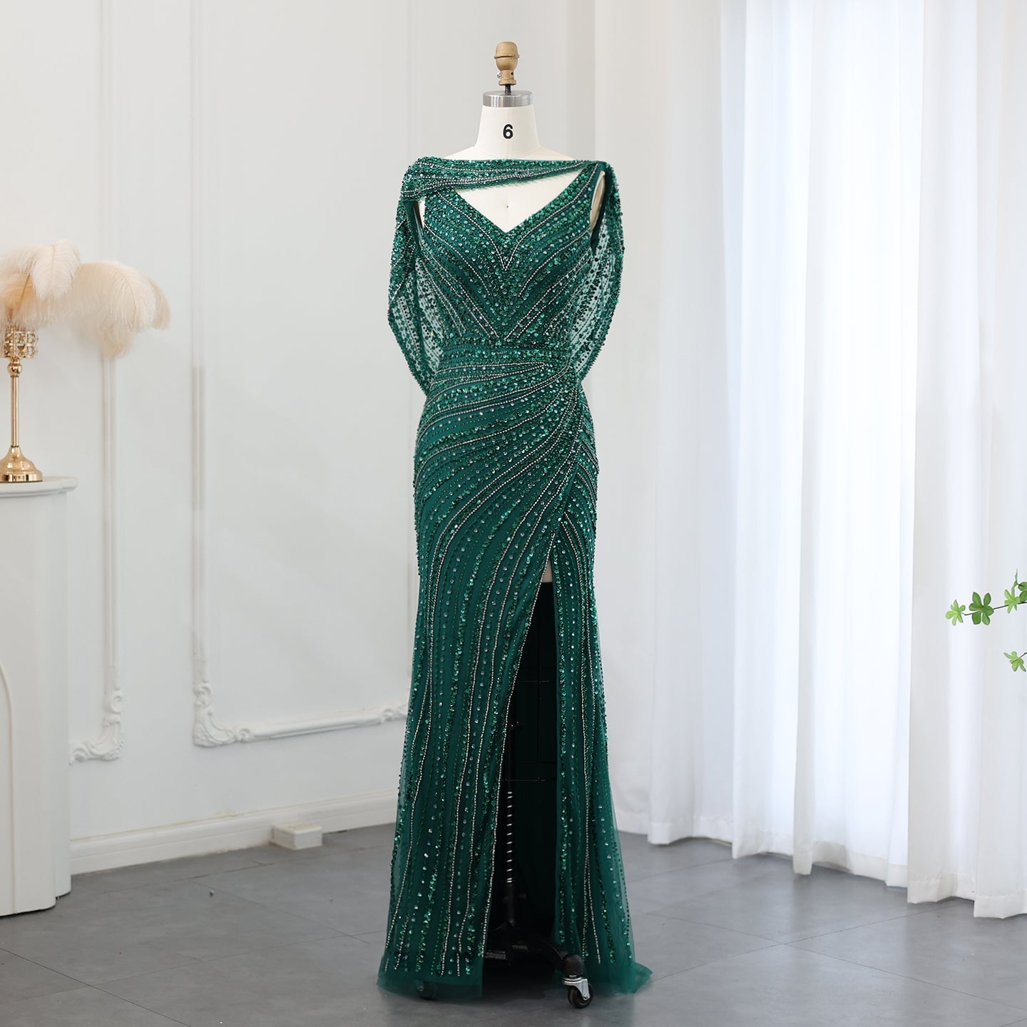 Luxury Beaded Silver Slit Mermaid Evening Dress with Cape SS035  Emerald Green / US 20
