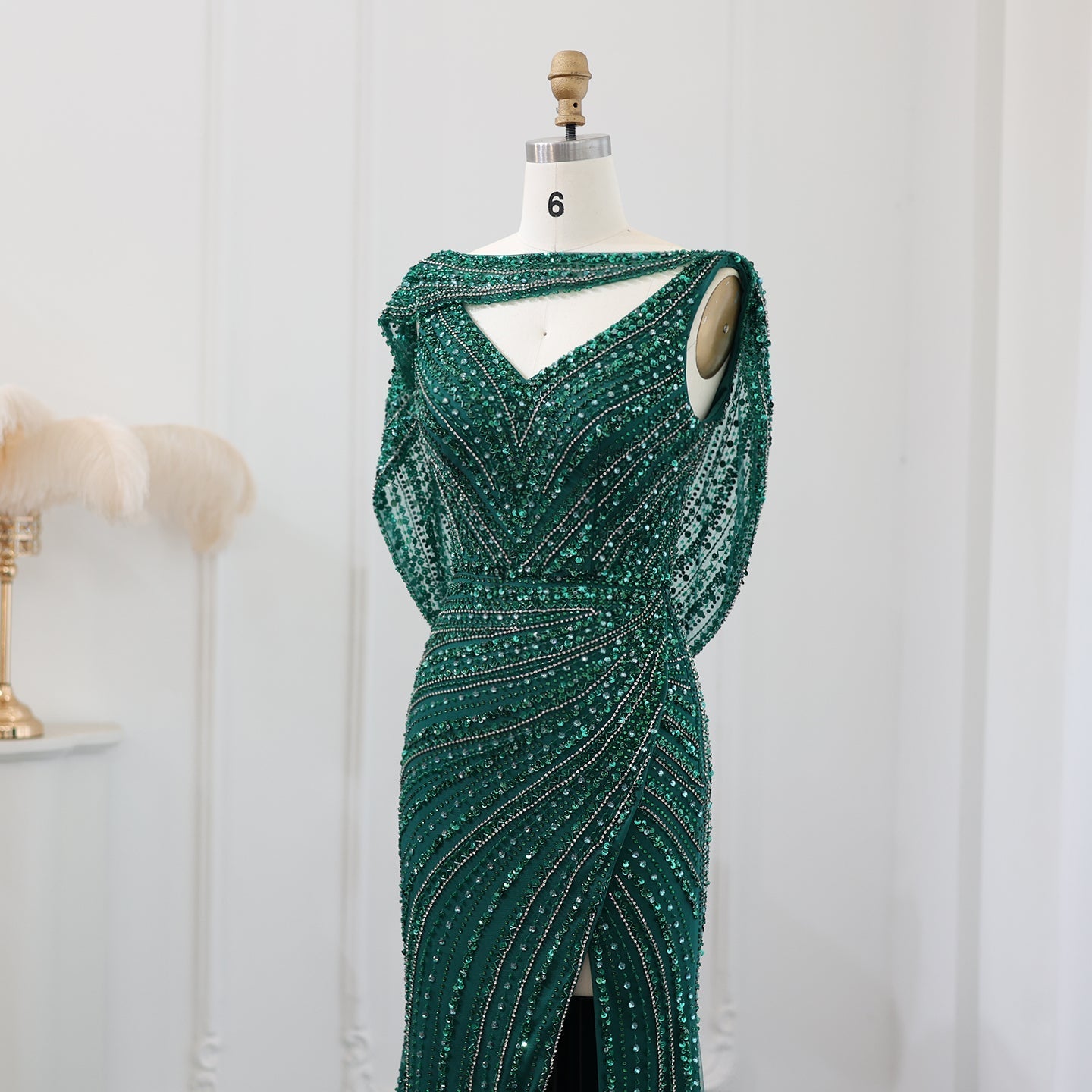 Luxury Beaded Silver Slit Mermaid Evening Dress with Cape SS035