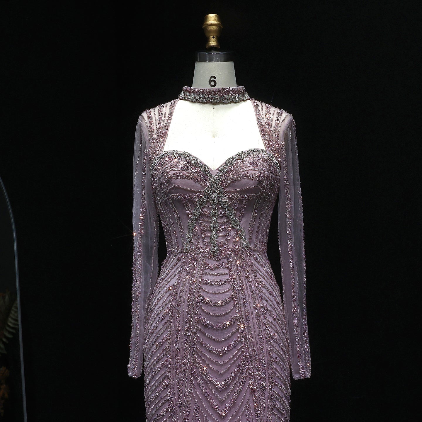 Luxury Beaded Blue Long Sleeve Evening Dress SS065