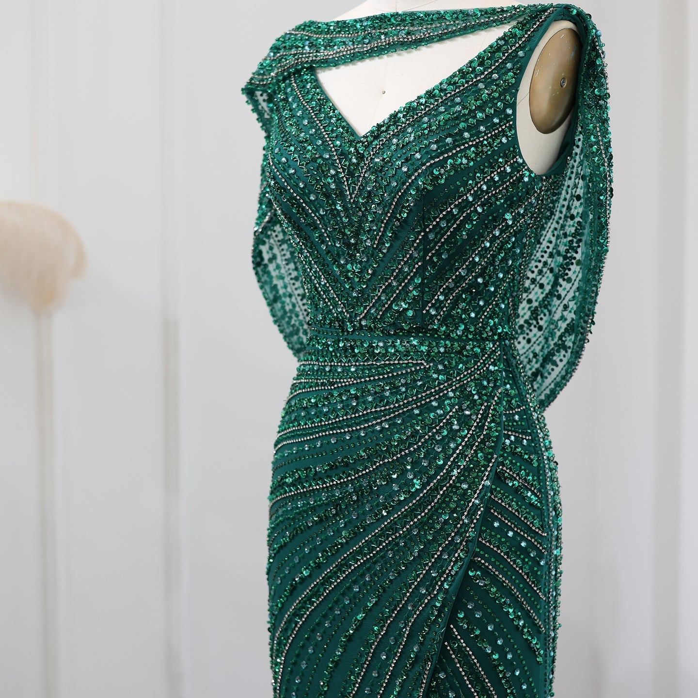 Luxury Beaded Silver Slit Mermaid Evening Dress with Cape SS035