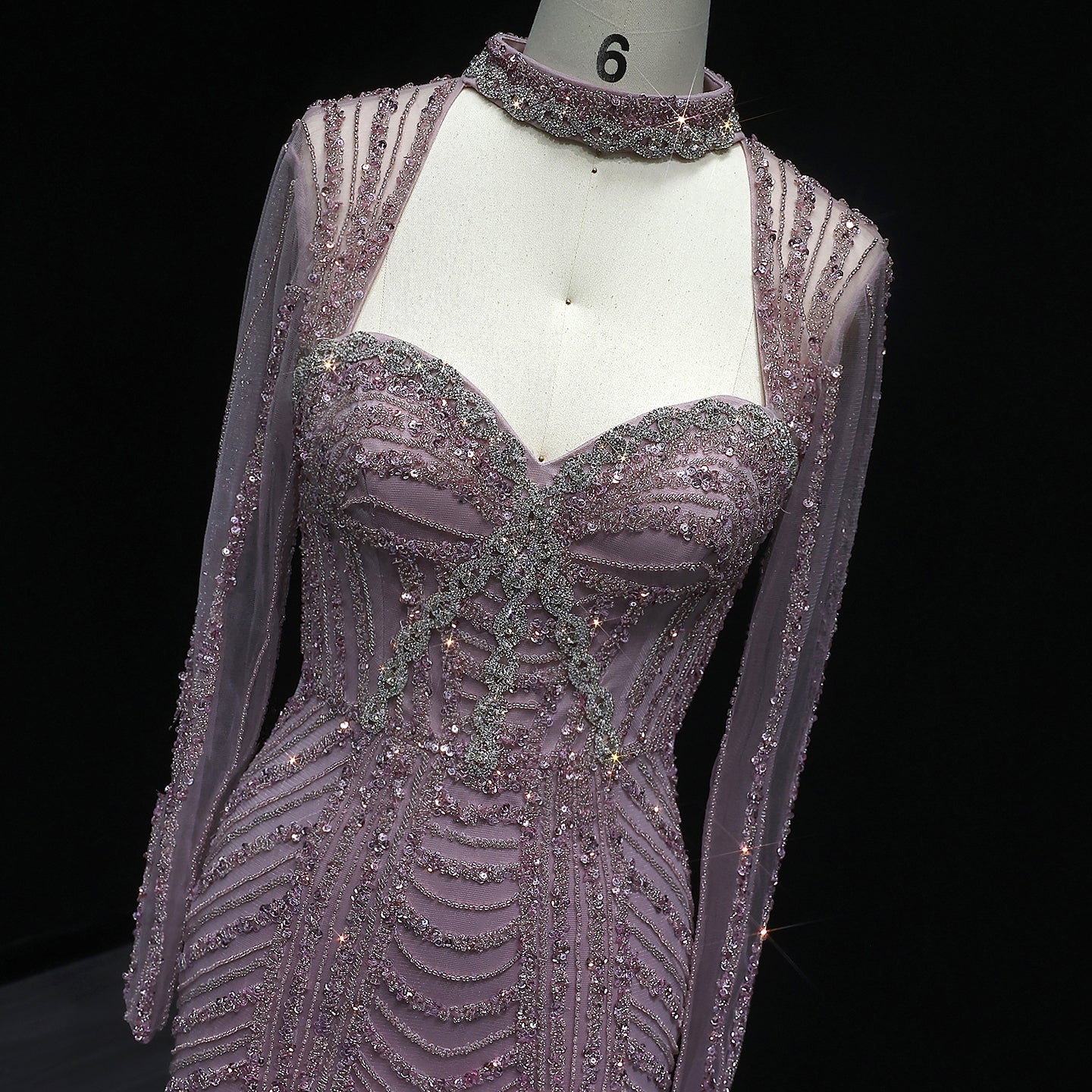 Luxury Beaded Blue Long Sleeve Evening Dress SS065